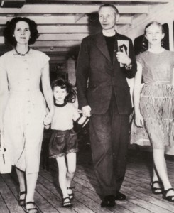 The Woods family arrive in Australia on December 11, 1957. Pictured above are Archbishop-elect Woods with his wife Jean and younger daughters Clemence and Richenda - Courtesy The Age