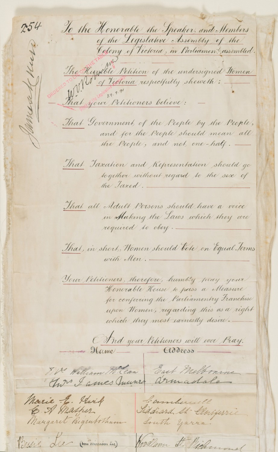 1891 Petition for Female Suffrage