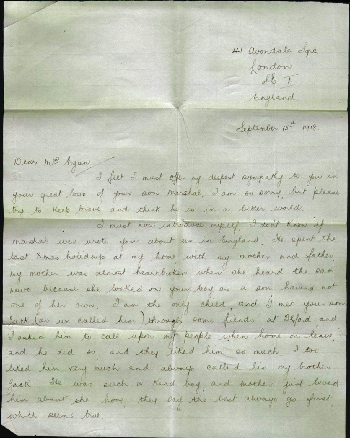 Letter from Gracie Doe to Mrs. Bella Egan