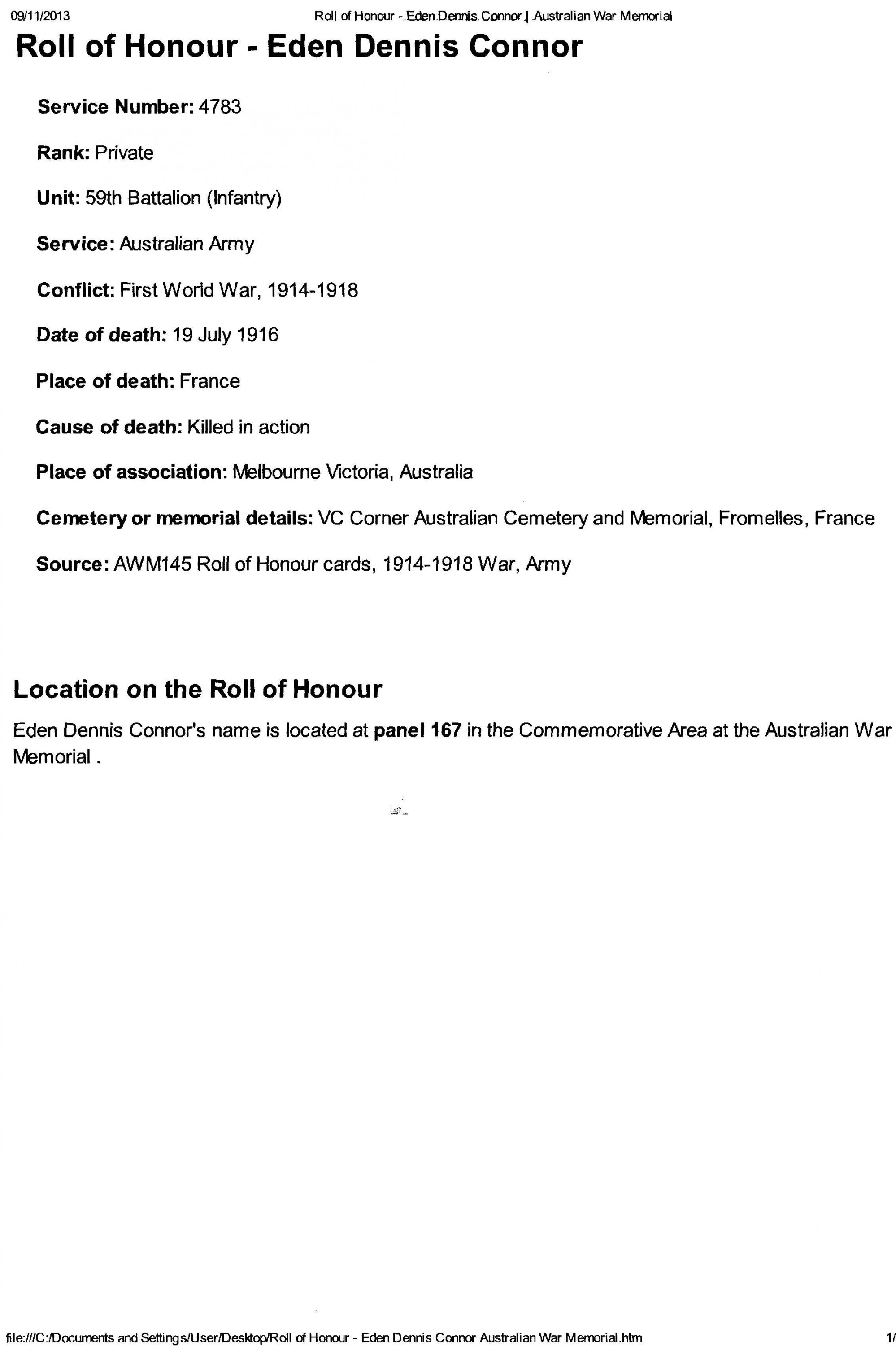 Roll of Honour in AWM Canberra  Eden Dennis Connor