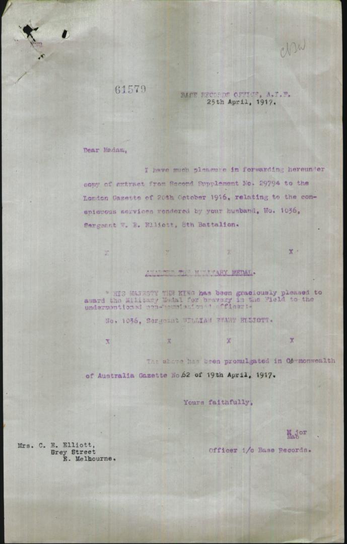 William Ewart Elliott citation for Military Medal awarded 27 October 1916