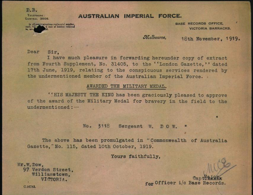 Wilson Dow's notification of the awarding of Military Medal.