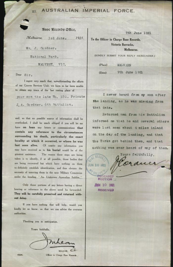 Formal notice advising Joseph Cordner killed in Action on the 25th April 1915