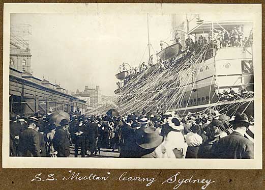 SS Mooltan leaving Sydney 16 May 1915. Patrica Blundell on board.